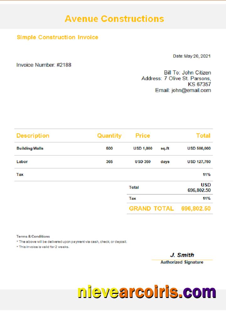 USA Avenue Constructions invoice